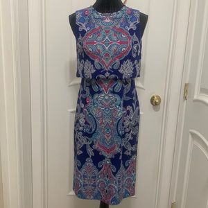 Maggy London Blue and Pink Abstract Patterned Overlay Sleepless Dress